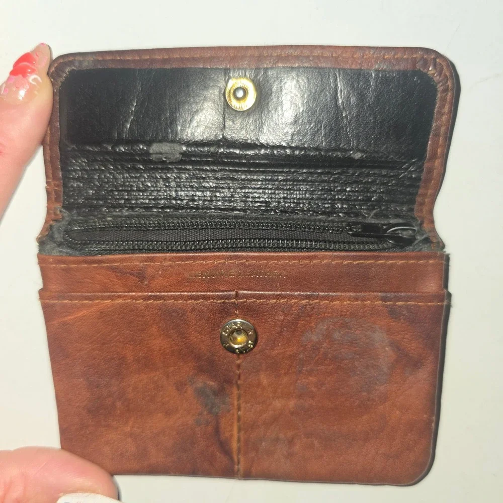 Buxton Vintage Brown Genuine Leather Coin Purse Card Holder Snap Zipper Wallet